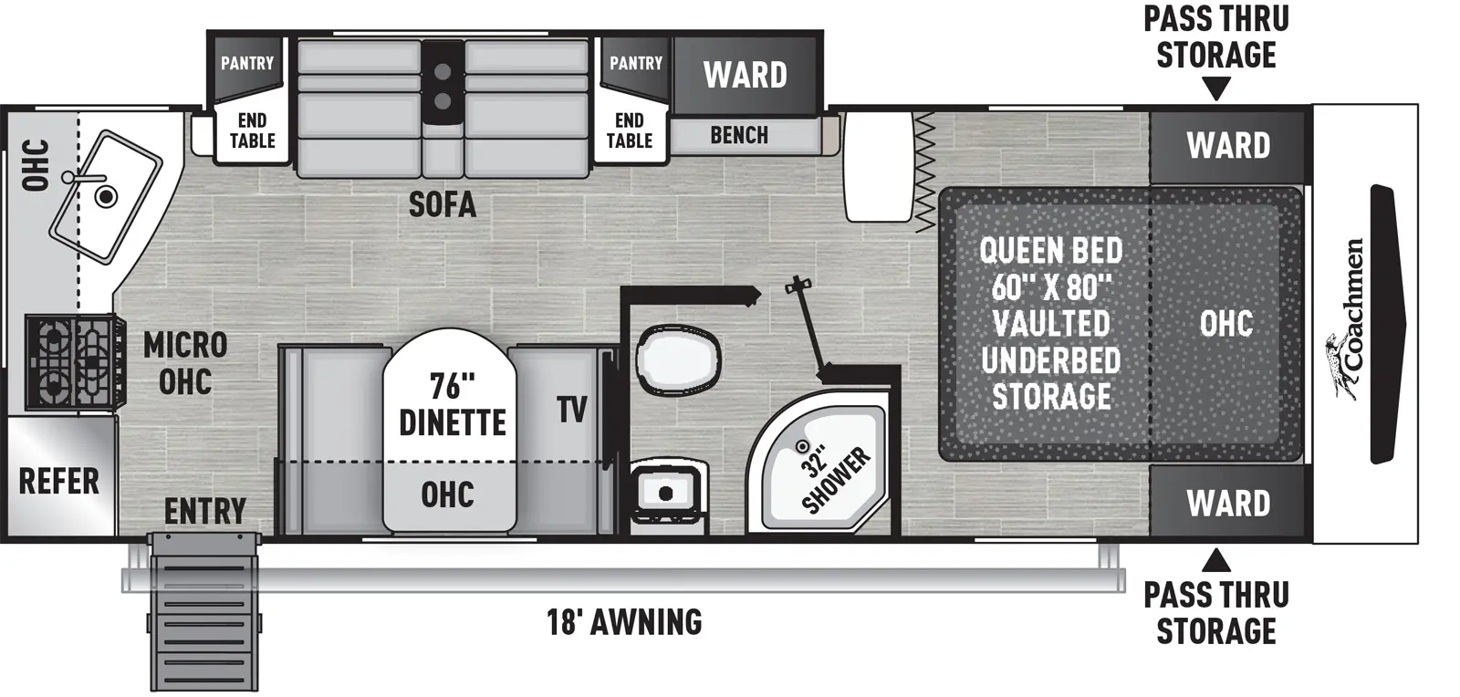 The 246RKS has one slideout and one entry. Exterior features front pass-thru storage, and 18 foot awning. Interior layout front to back: foot-facing queen bed with vaulted underbed storage, overhead cabinet, and wardrobes on each side; door side full bathroom; off-door side slideout with wardrobe, bench, sofa, and pantry end tables on either side of the sofa; door side dinette with overhead cabinet and television, and entry; rear kitchen with refrigerator, cooktop, microwave, sink, and overhead cabinet.